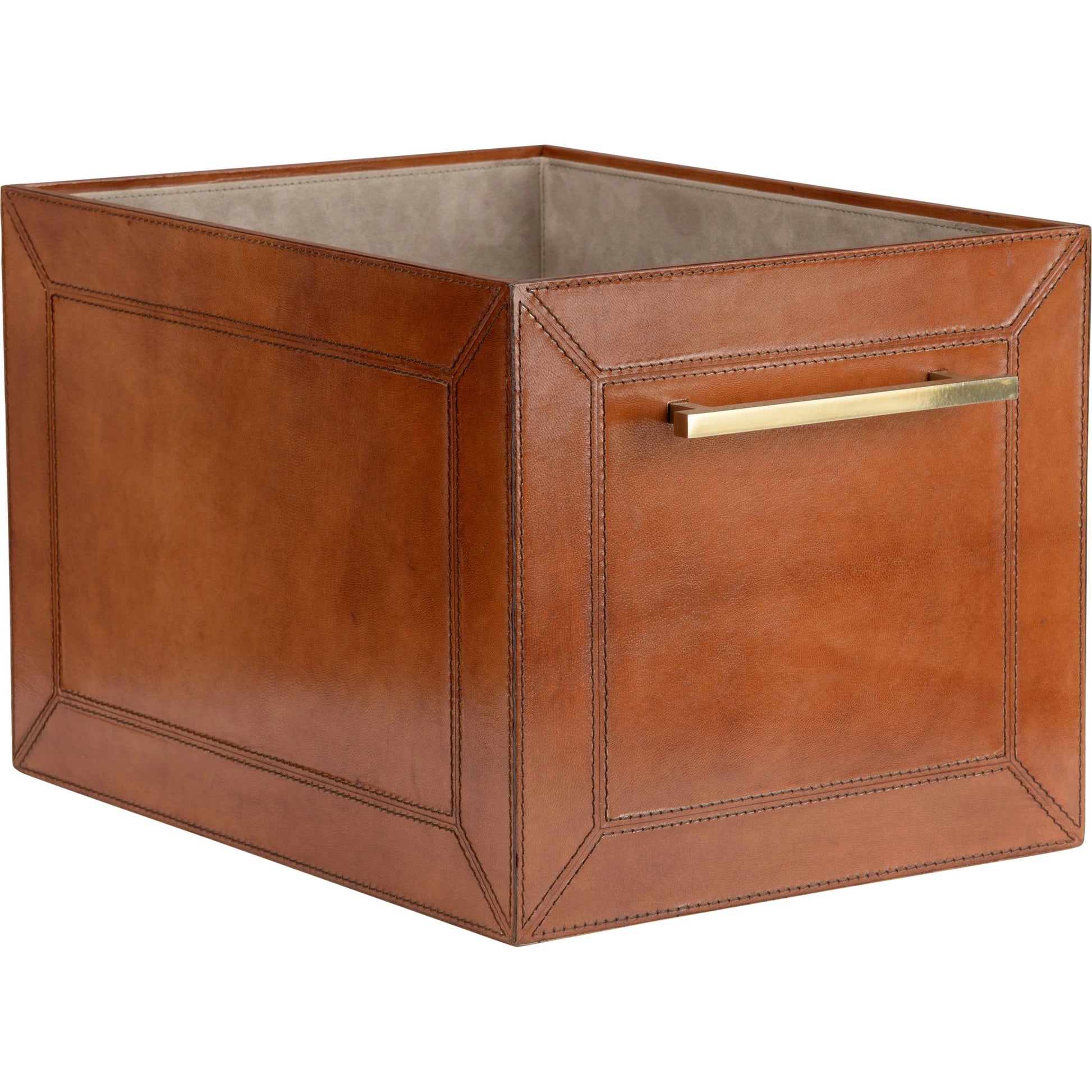 Leather Storage Cube by Chelsea House in cognac, polished brass. Made from leather on wood, iron in a transitional style.