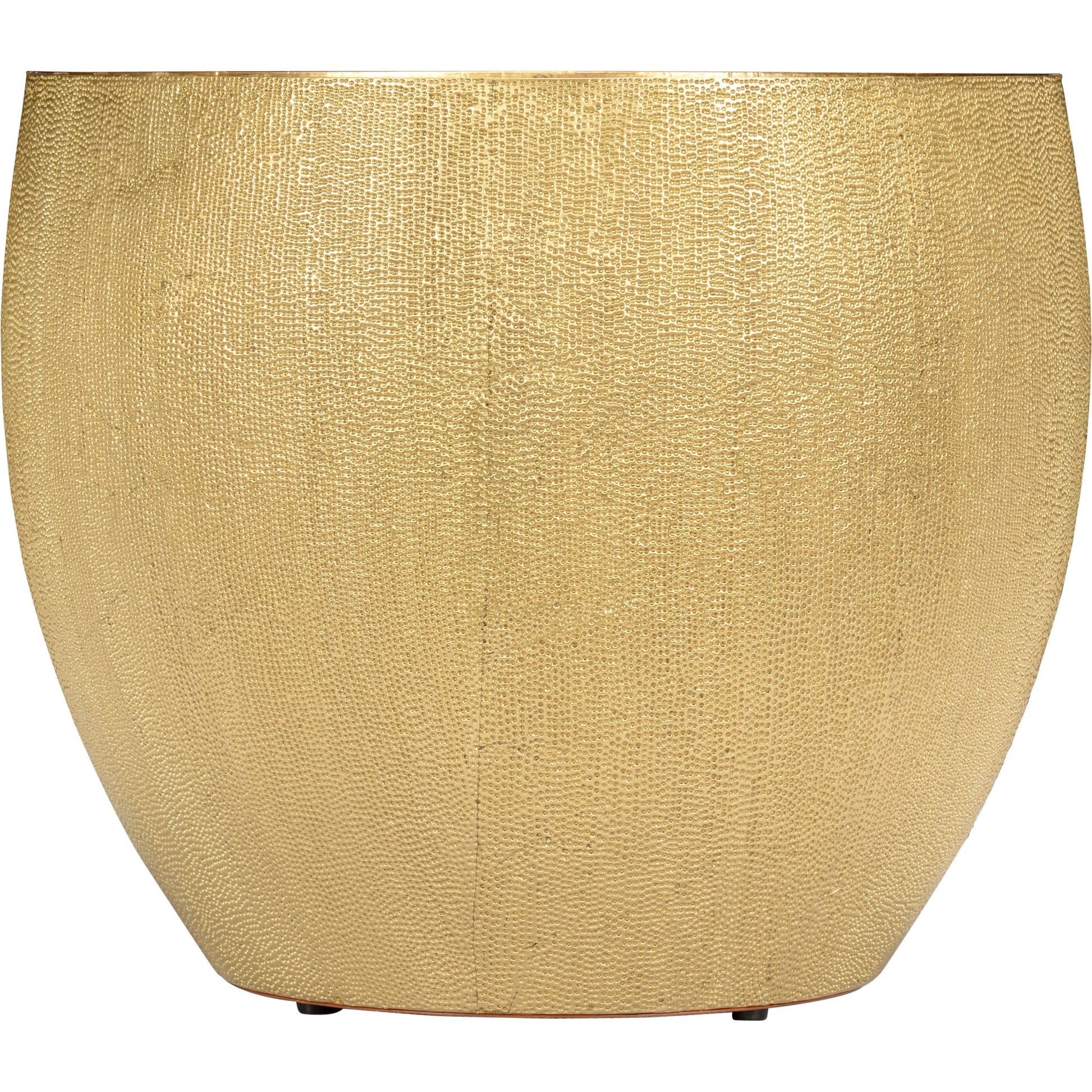 Drum Table by Chelsea House in cognac, hammered antique. Made from leather on wood in a modern style.