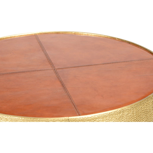 Drum Table by Chelsea House in brass. Made from leather on wood in a modern style.