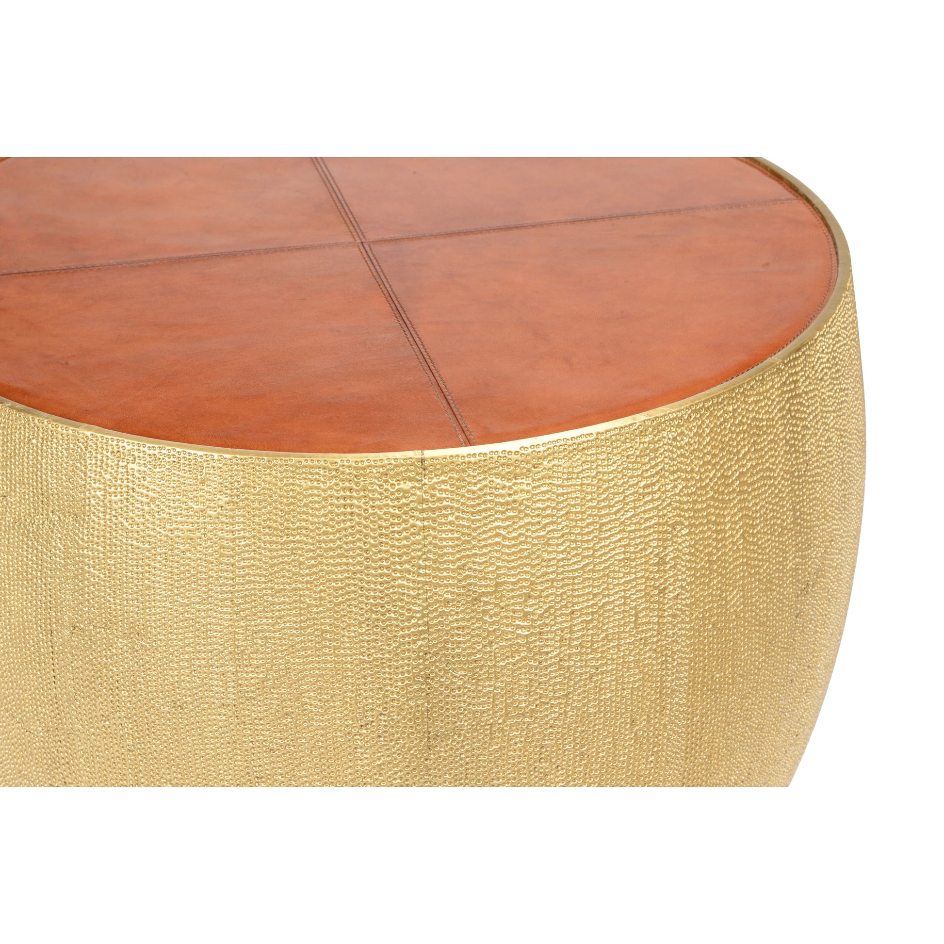 Drum Table by Chelsea House in cognac, hammered antique. Made from leather on wood in a modern style.