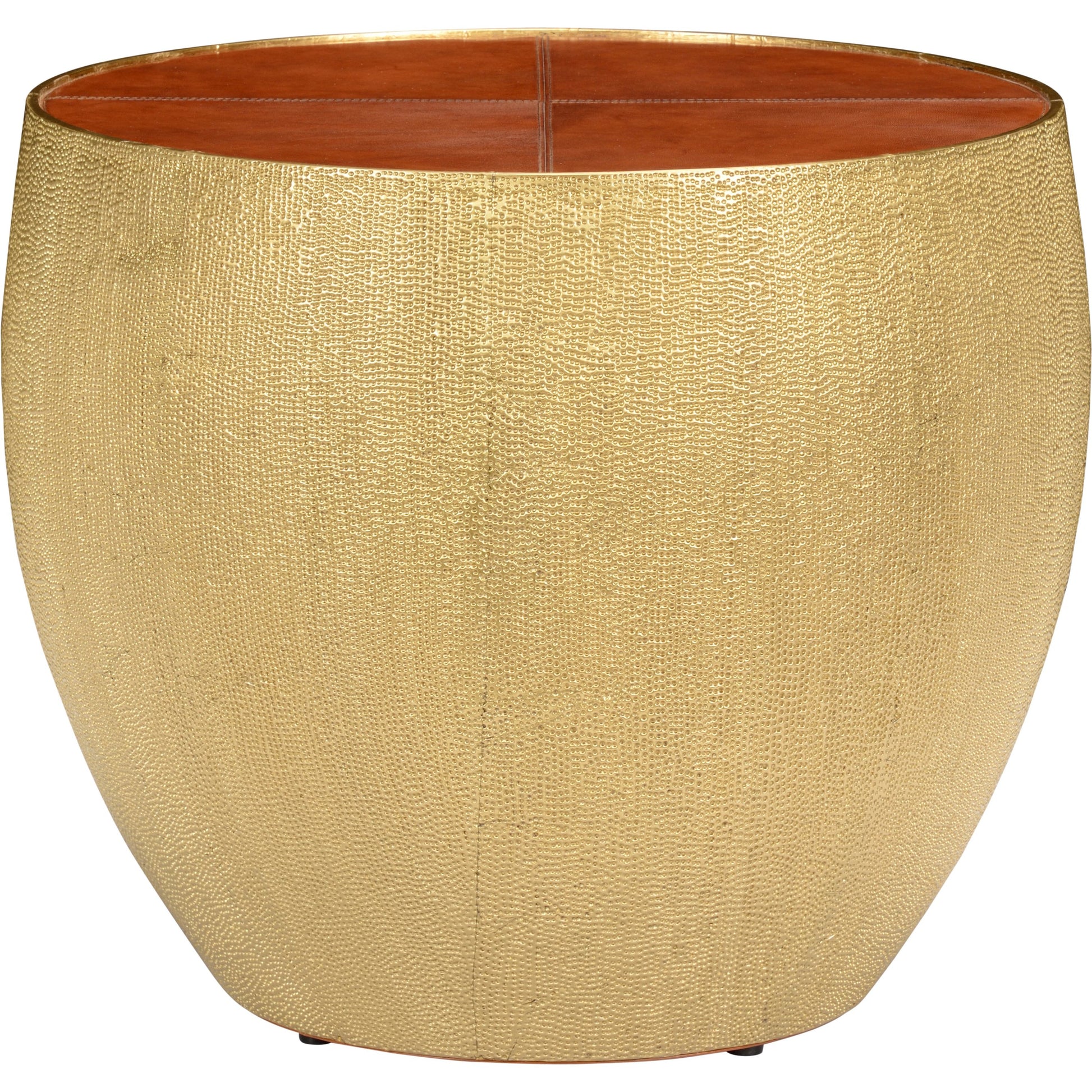 Drum Table by Chelsea House in cognac, hammered antique. Made from leather on wood in a modern style.