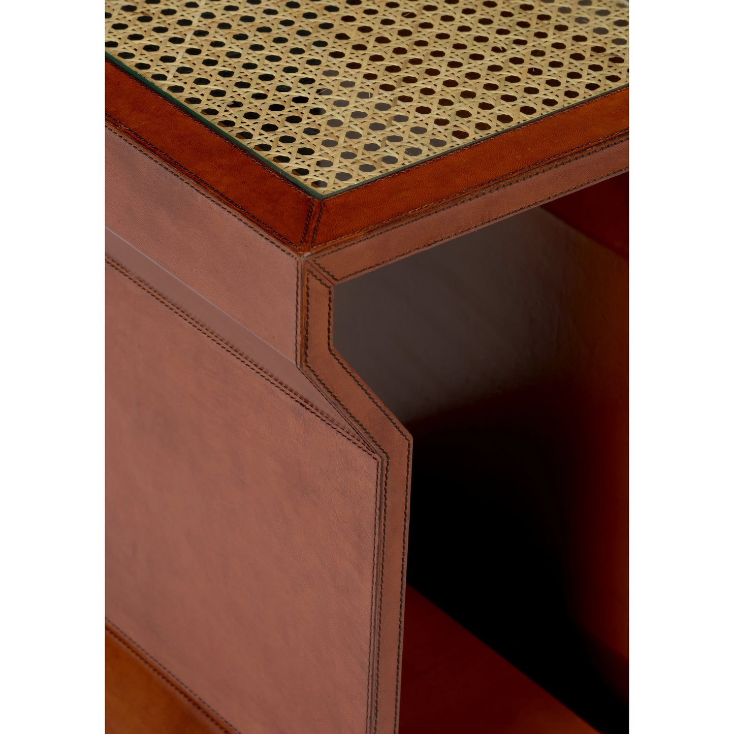 004 SI-2105485 | Closeup | Leather Side Table by Chelsea House in clear, beveled, natural cognac. Made from leather / glass / cane in a transitional style.