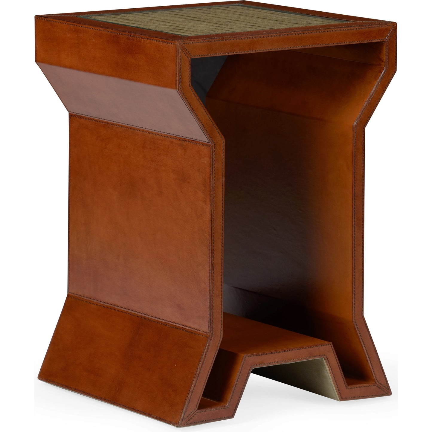 001 SI-2105485 | Primary Silo | Leather Side Table by Chelsea House in clear, beveled, natural cognac. Made from leather / glass / cane in a transitional style.