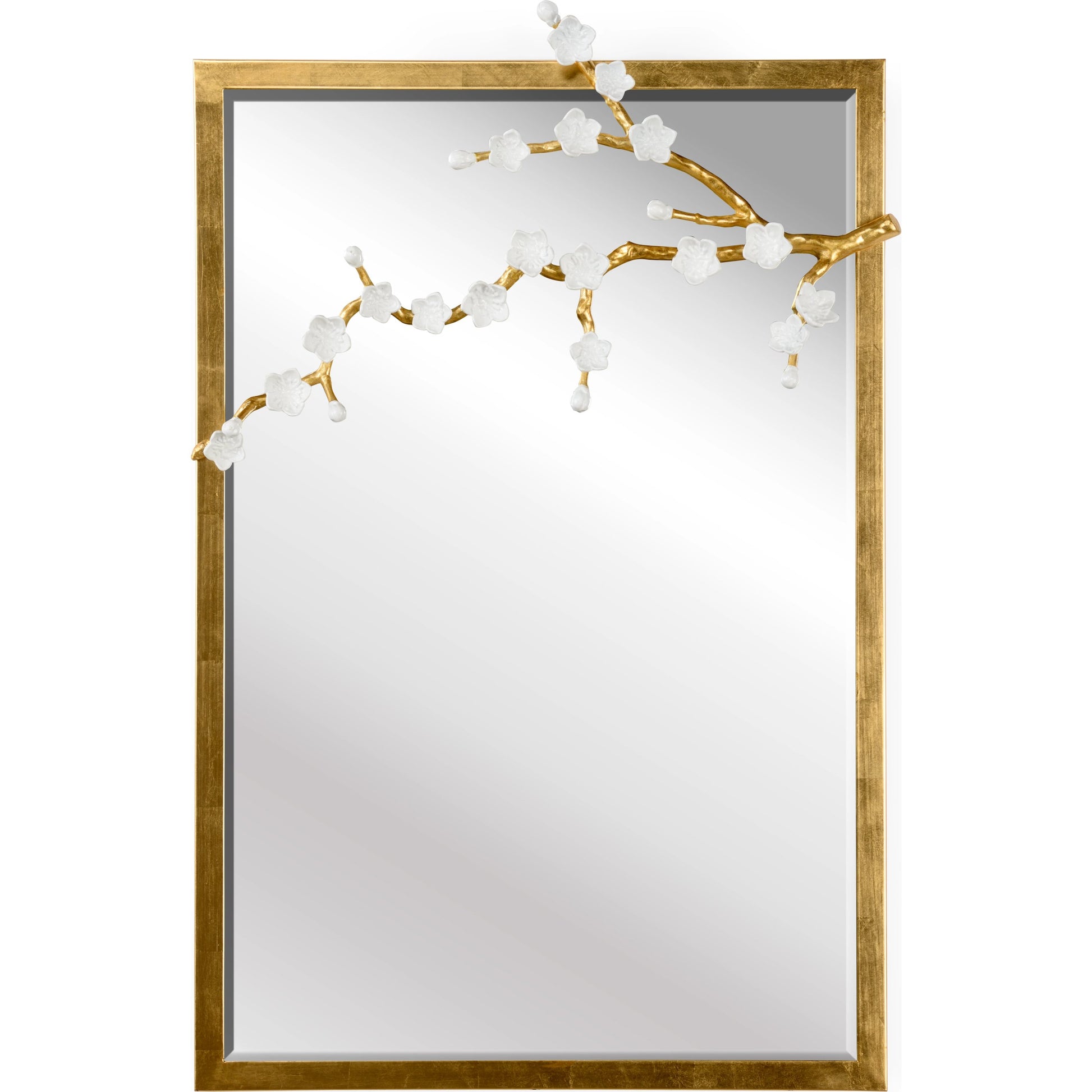 Cherry Blossom Mirror by Chelsea House in antique gold leaf, white, clear, beveled. Made from iron/mirror in a modern style.