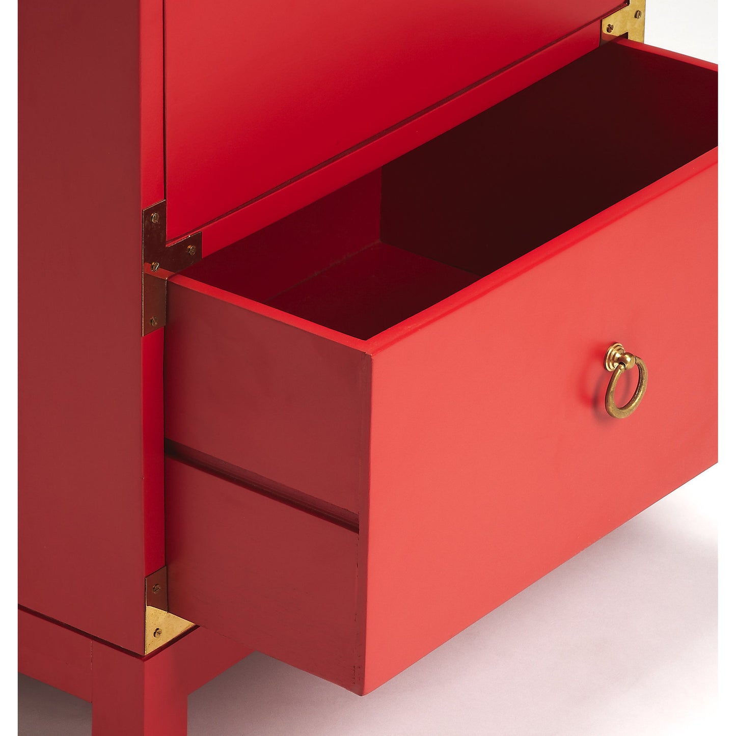 007 S-242536 | Closeup | Ardennes Red Campaign Chairside Chest by Butler Specialty Company in red and red. Made from mango wood solids, mdf in a eclectic & global style.