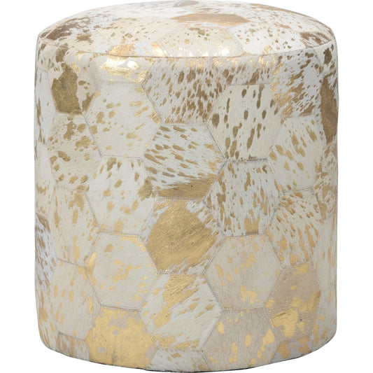 Lux Pouf by Chelsea House in gold, white. Made from hair on hide in a modern style.