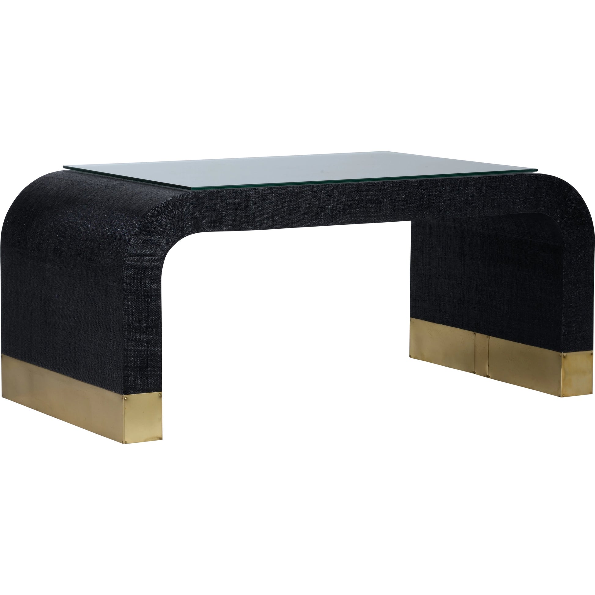 Waterfall Raffia Coffee Table by Chelsea House in cream, antique, clear, tempered. Made from raffia/brass/glass in a modern style.