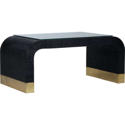 Waterfall Raffia Coffee Table by Chelsea House in cream, antique, clear, tempered. Made from raffia/brass/glass in a modern style.