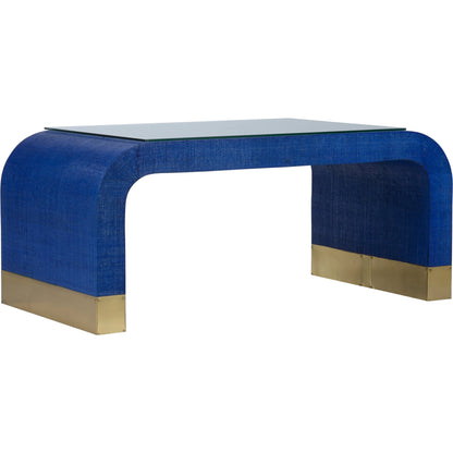 Waterfall Raffia Coffee Table by Chelsea House in cream, antique, clear, tempered. Made from raffia/brass/glass in a modern style.