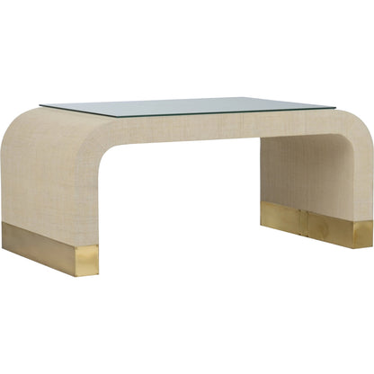 Waterfall Raffia Coffee Table by Chelsea House in cream, antique, clear, tempered. Made from raffia/brass/glass in a modern style.