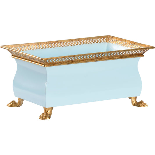 French Planter by Chelsea House in light blue, antique gold leaf. Made from iron in a modern style.