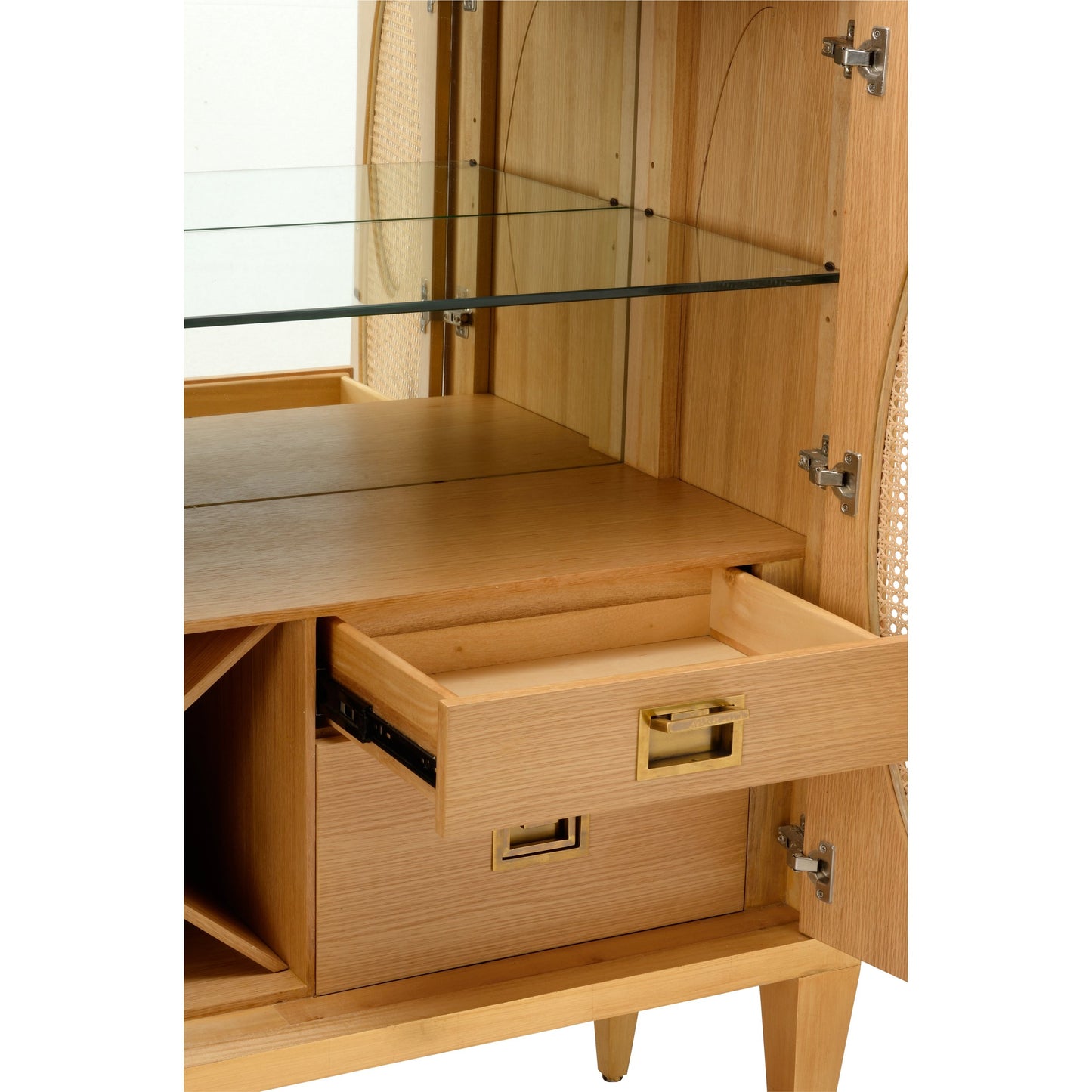 003 SI-2105584 | Closeup | Petite Caned Bar Cabinet by Chelsea House in oak, antique gold leaf, natural. Made from wood/cane in a cottage & farmhouse style.