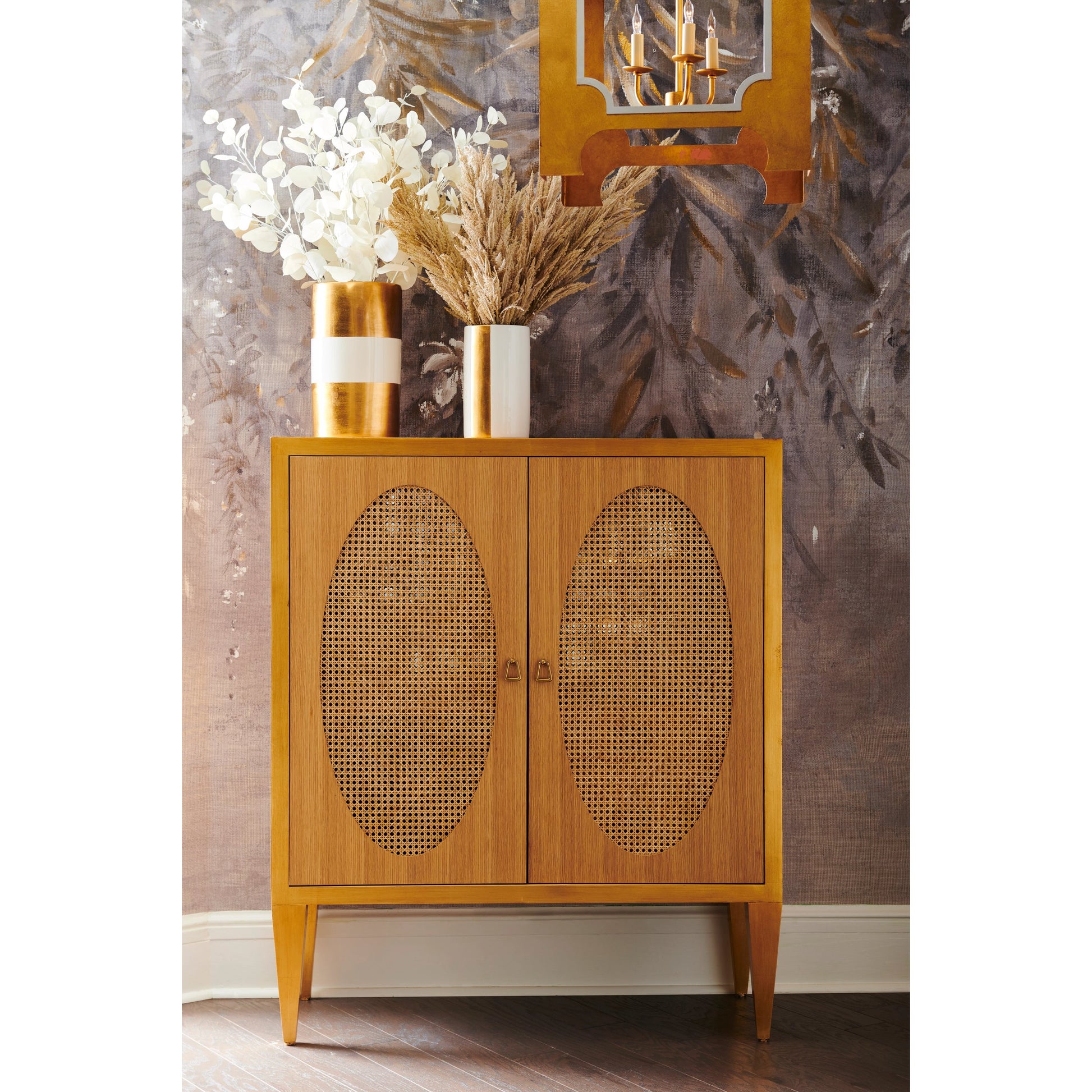 Petite Caned Bar Cabinet by Chelsea House in oak, antique gold leaf, natural. Made from wood/cane in a cottage & farmhouse style.