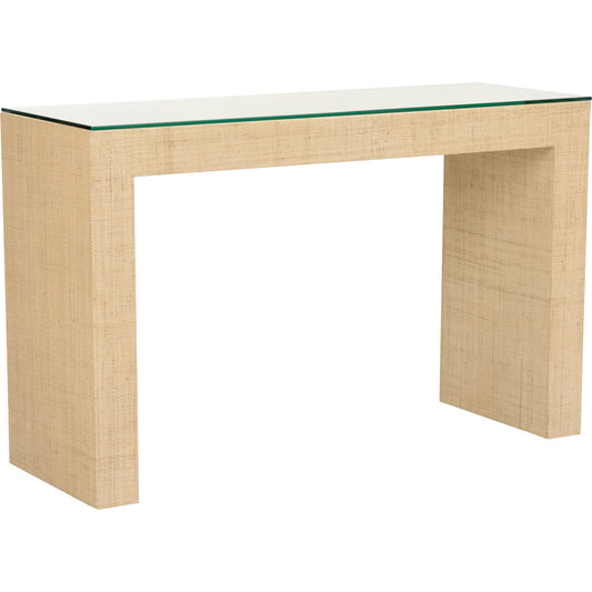Jamila Console Table by Chelsea House in white. Made from raffia on wood, glass in a modern style.