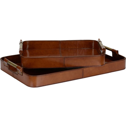 Gentleman Trays by Chelsea House in tan, antique brass. Made from leather on wood, iron in a modern style.