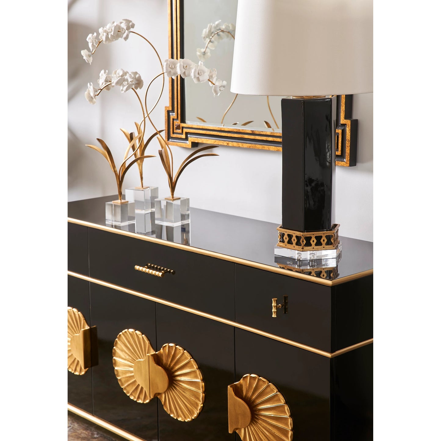 006 SI-2105616 | Lifestyle | Palm Beach Buffet Cabinet by Chelsea House in gloss black, metallic gold, gold leaf. Made from wood in a modern style.