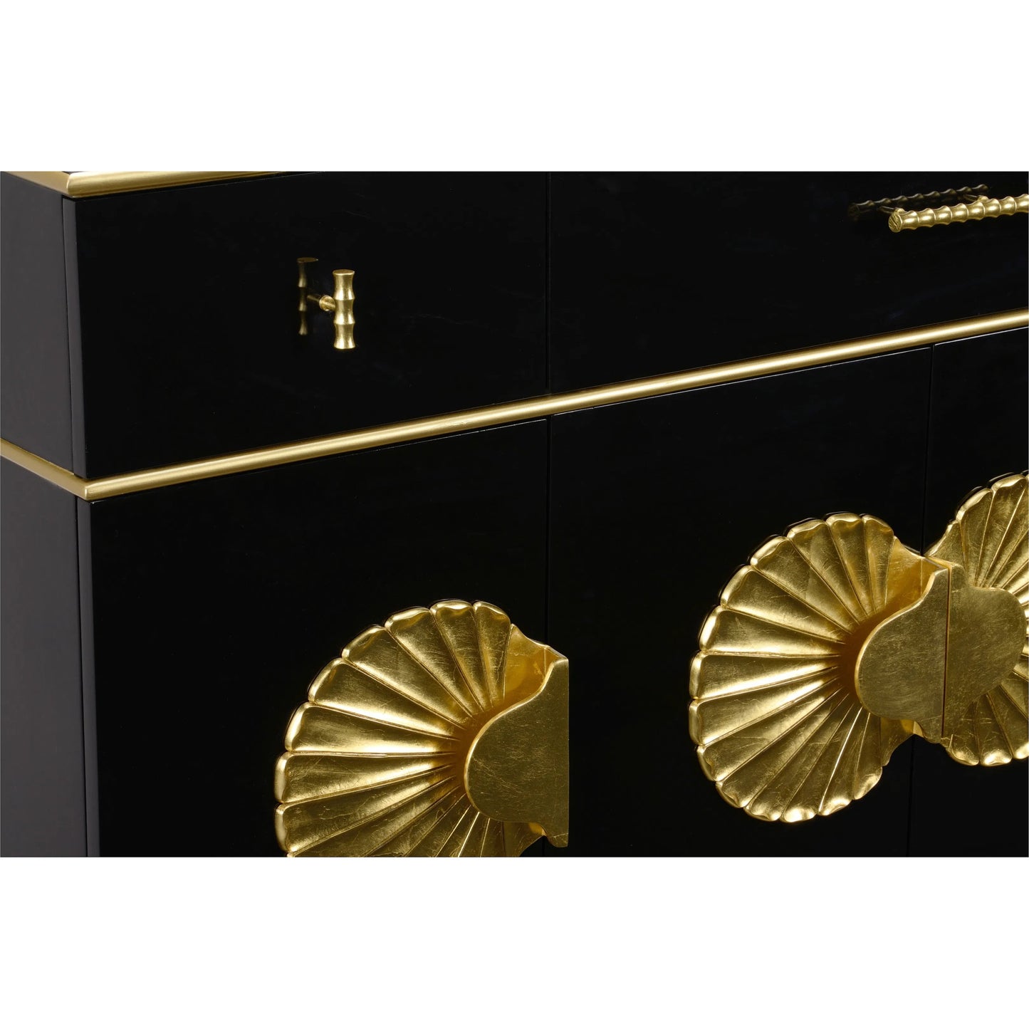 005 SI-2105616 | Closeup | Palm Beach Buffet Cabinet by Chelsea House in gloss black, metallic gold, gold leaf. Made from wood in a modern style.