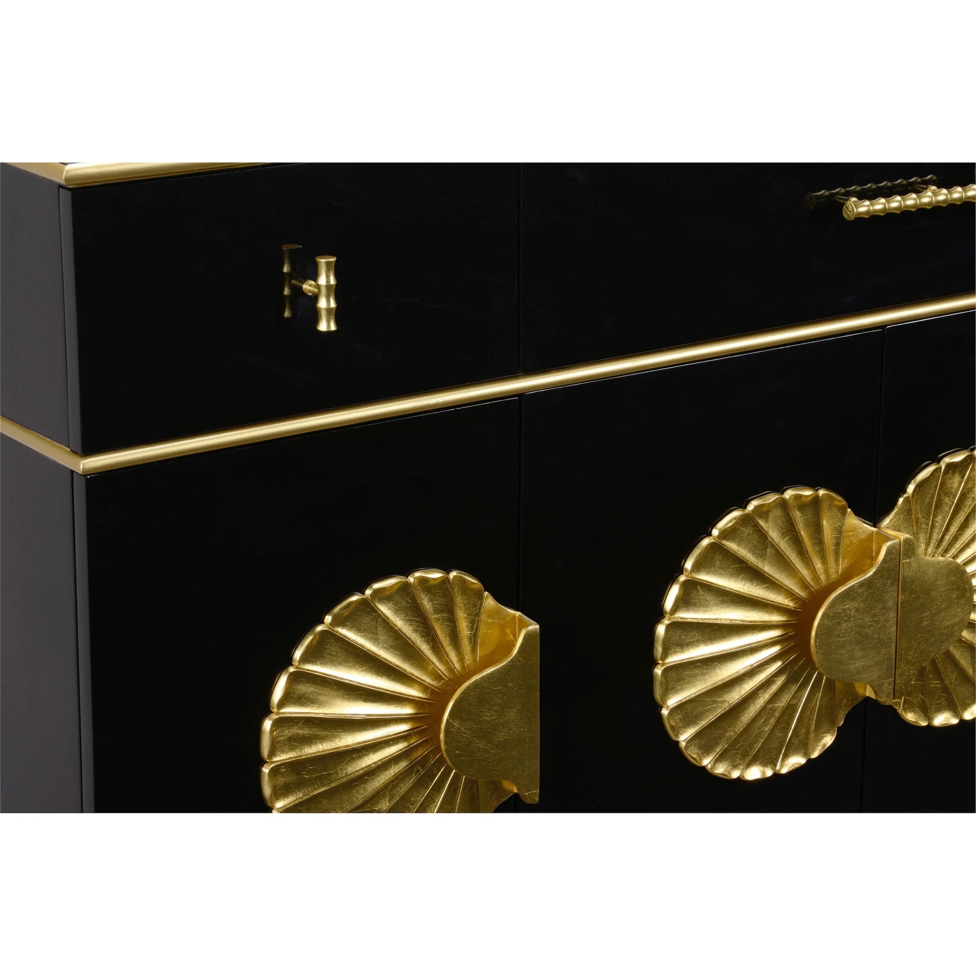 Palm Beach Buffet Cabinet by Chelsea House in gloss black, metallic gold, gold leaf. Made from wood in a modern style.