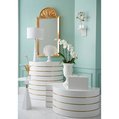 Luna Console by Chelsea House in white, silver, antique brass. Made from wood/metal in a modern style.