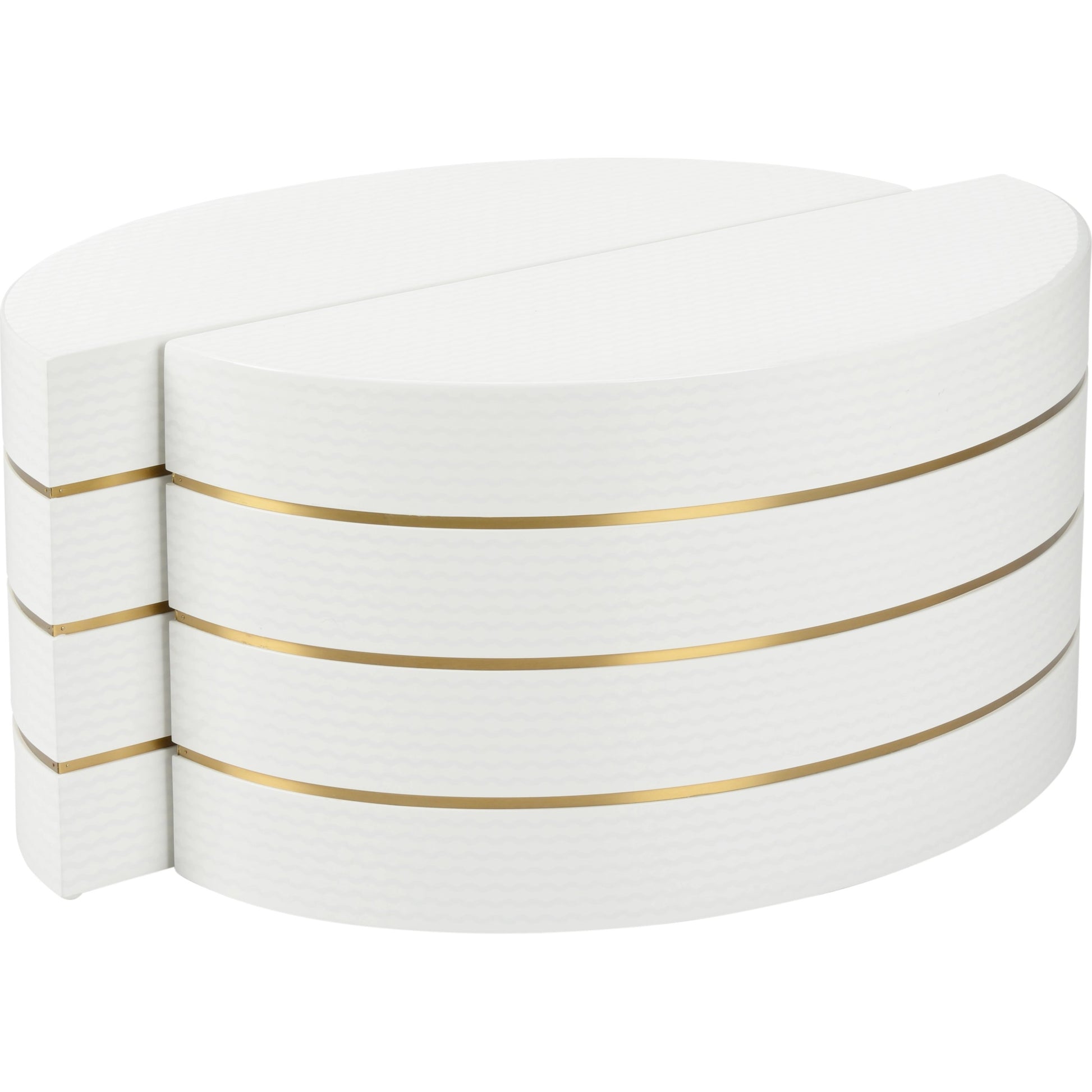 Mezzaluna Bunching Tables by Chelsea House in white, silver, antique brass. Made from wood/metal in a modern style.