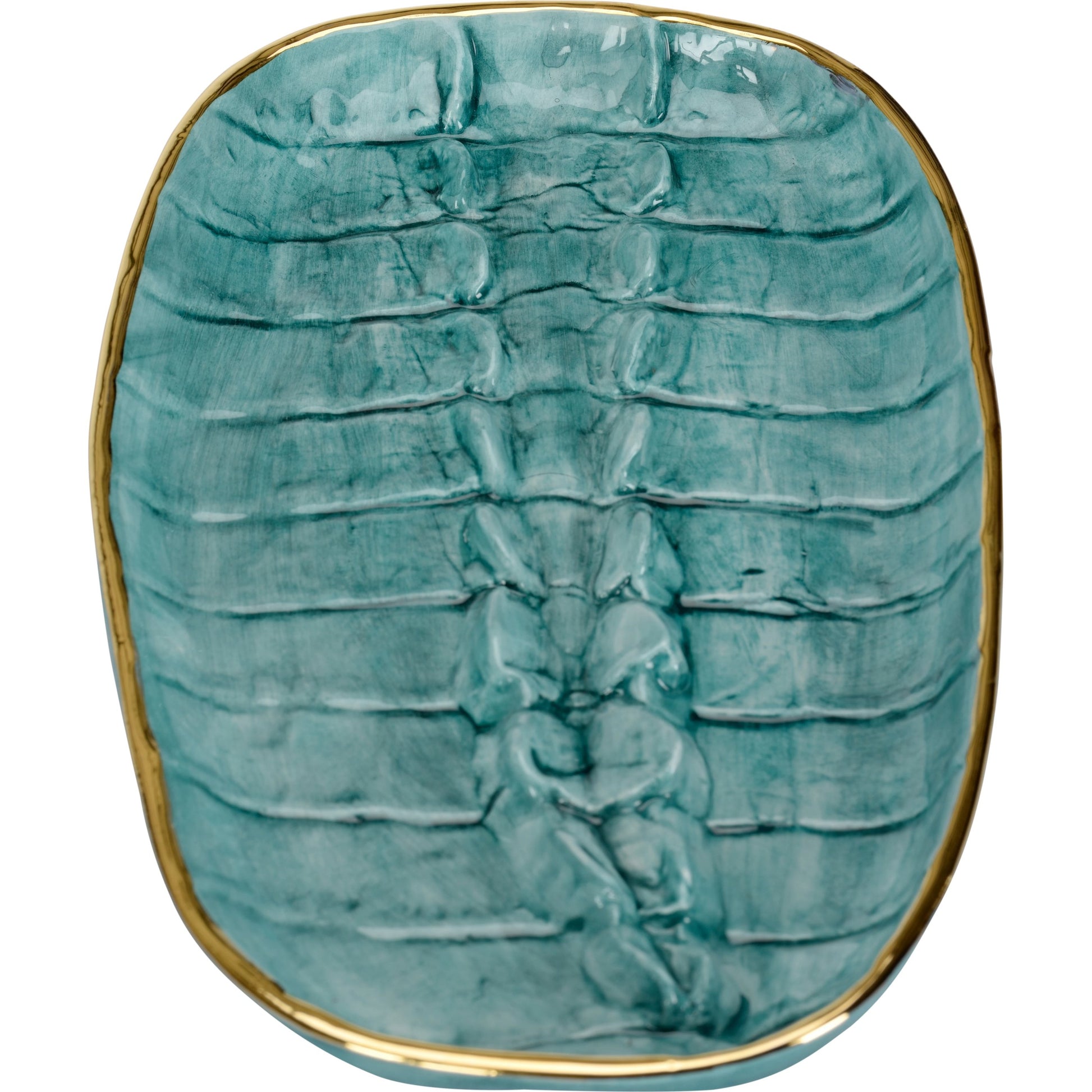 Crocodile Tray by Chelsea House in turquoise glaze, gold. Made from ceramic in a coastal style.