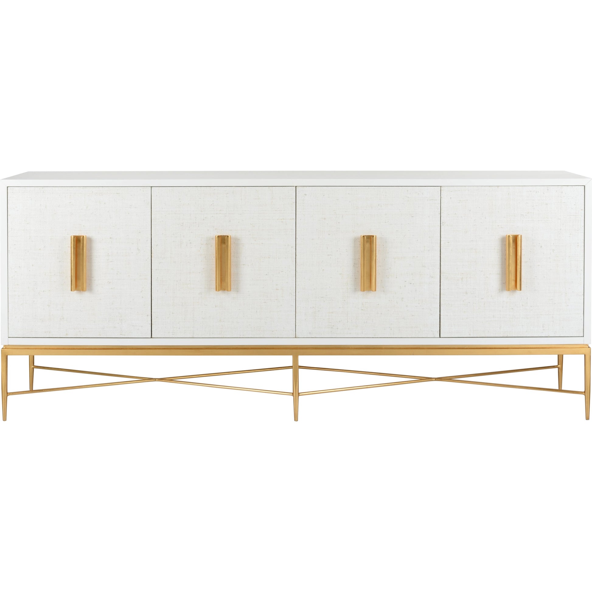 Williams Console by Chelsea House in white, antique gold leaf. Made from wood/saguran inlay/metal in a modern style.