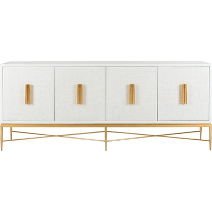 Williams Console by Chelsea House in white, antique gold leaf. Made from wood/saguran inlay/metal in a modern style.