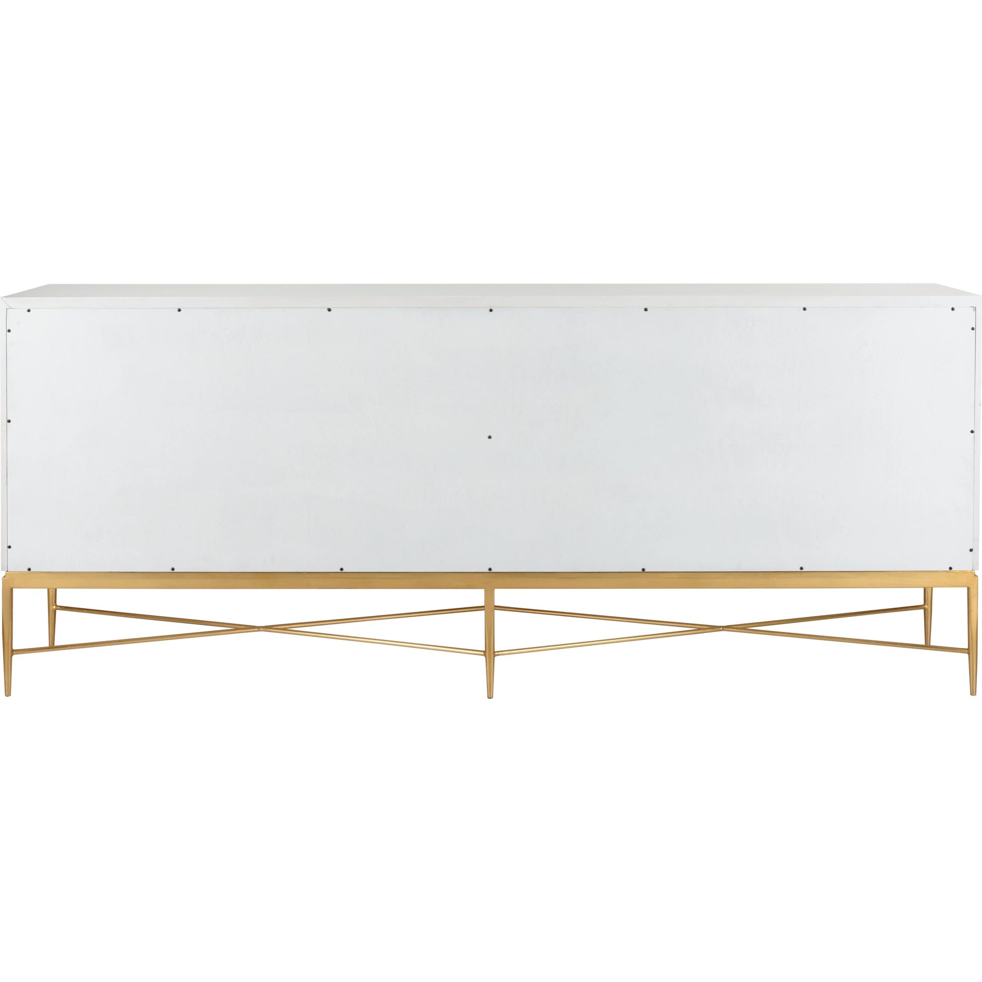 Williams Console by Chelsea House in white, antique gold leaf. Made from wood/saguran inlay/metal in a modern style.
