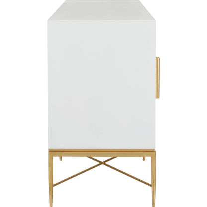 Williams Console by Chelsea House in white, antique gold leaf. Made from wood/saguran inlay/metal in a modern style.