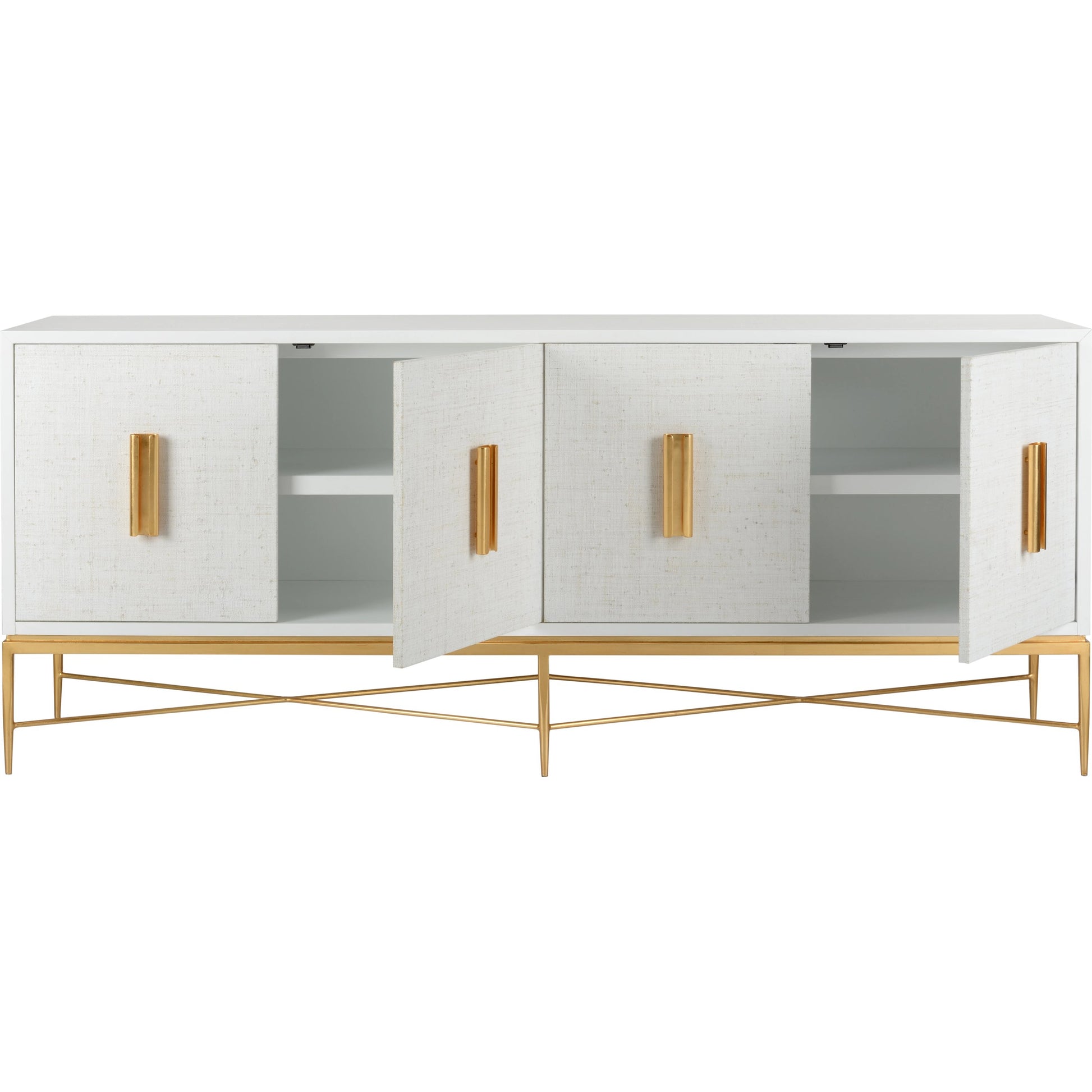 Williams Console by Chelsea House in white, antique gold leaf. Made from wood/saguran inlay/metal in a modern style.