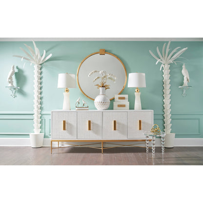 Williams Console by Chelsea House in white, antique gold leaf. Made from wood/saguran inlay/metal in a modern style.