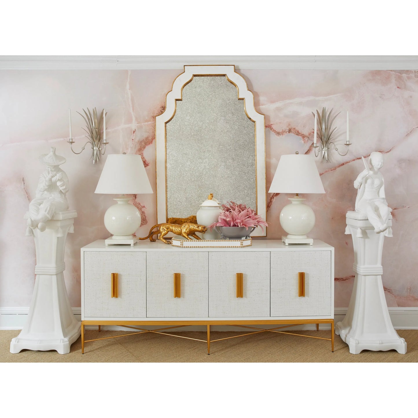 008 SI-2105708 | Lifestyle | Williams Console by Chelsea House in white, antique gold leaf. Made from wood/saguran inlay/metal in a modern style.