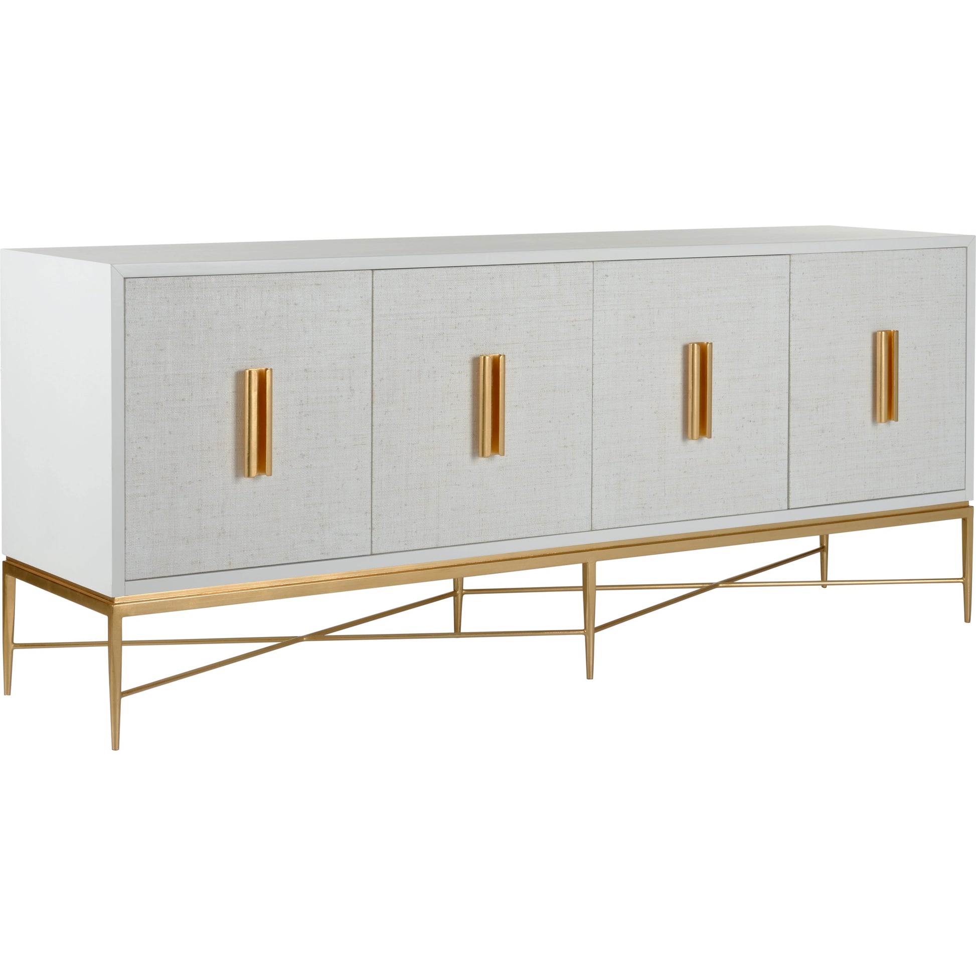 Williams Console by Chelsea House in white, antique gold leaf. Made from wood/saguran inlay/metal in a modern style.