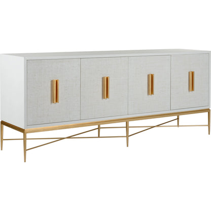 Williams Console by Chelsea House in white, antique gold leaf. Made from wood/saguran inlay/metal in a modern style.