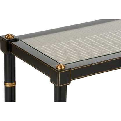 Conner Cane Console by Chelsea House. Made from poplar caned panels, glass top in a coastal style.