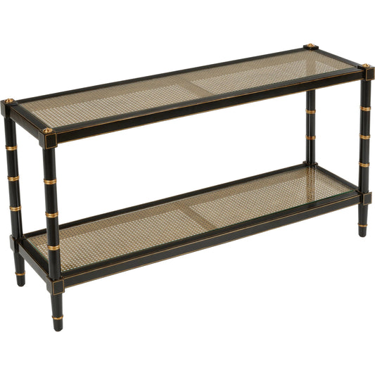 Conner Cane Console by Chelsea House. Made from poplar caned panels, glass top in a coastal style.