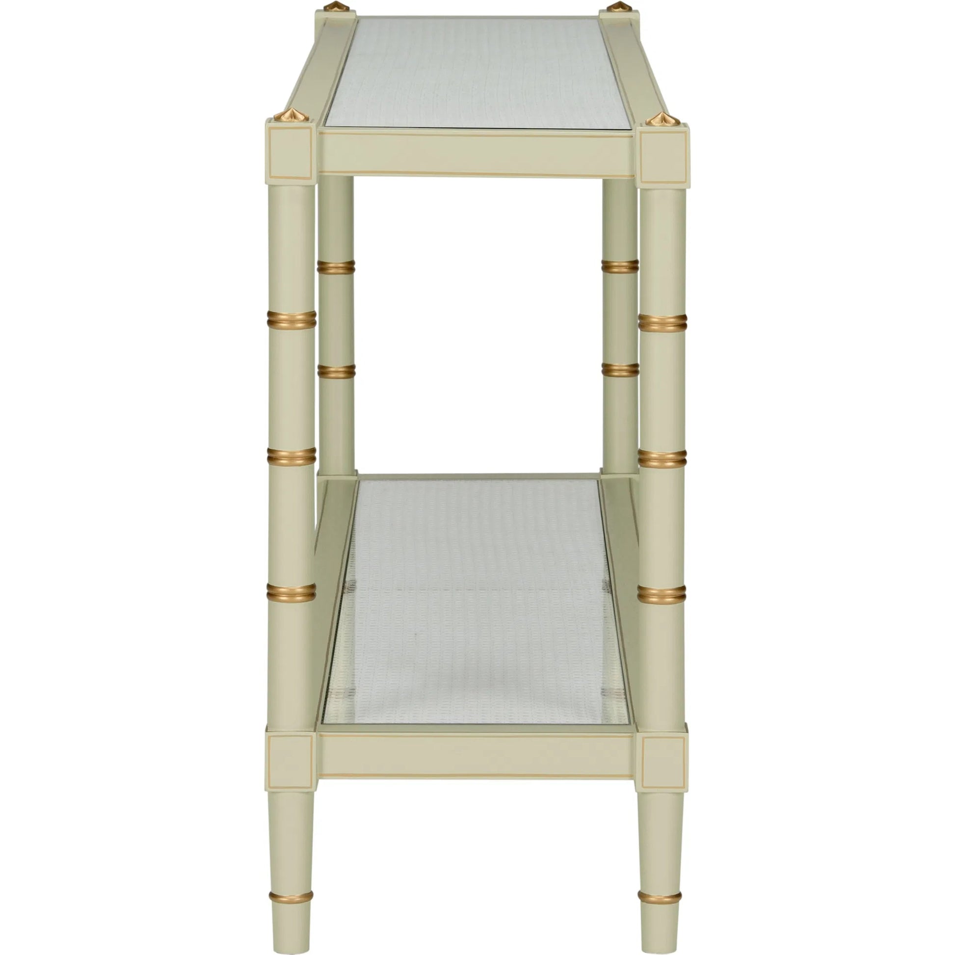 Conner Cane Console by Chelsea House. Made from poplar caned panels, glass top in a coastal style.