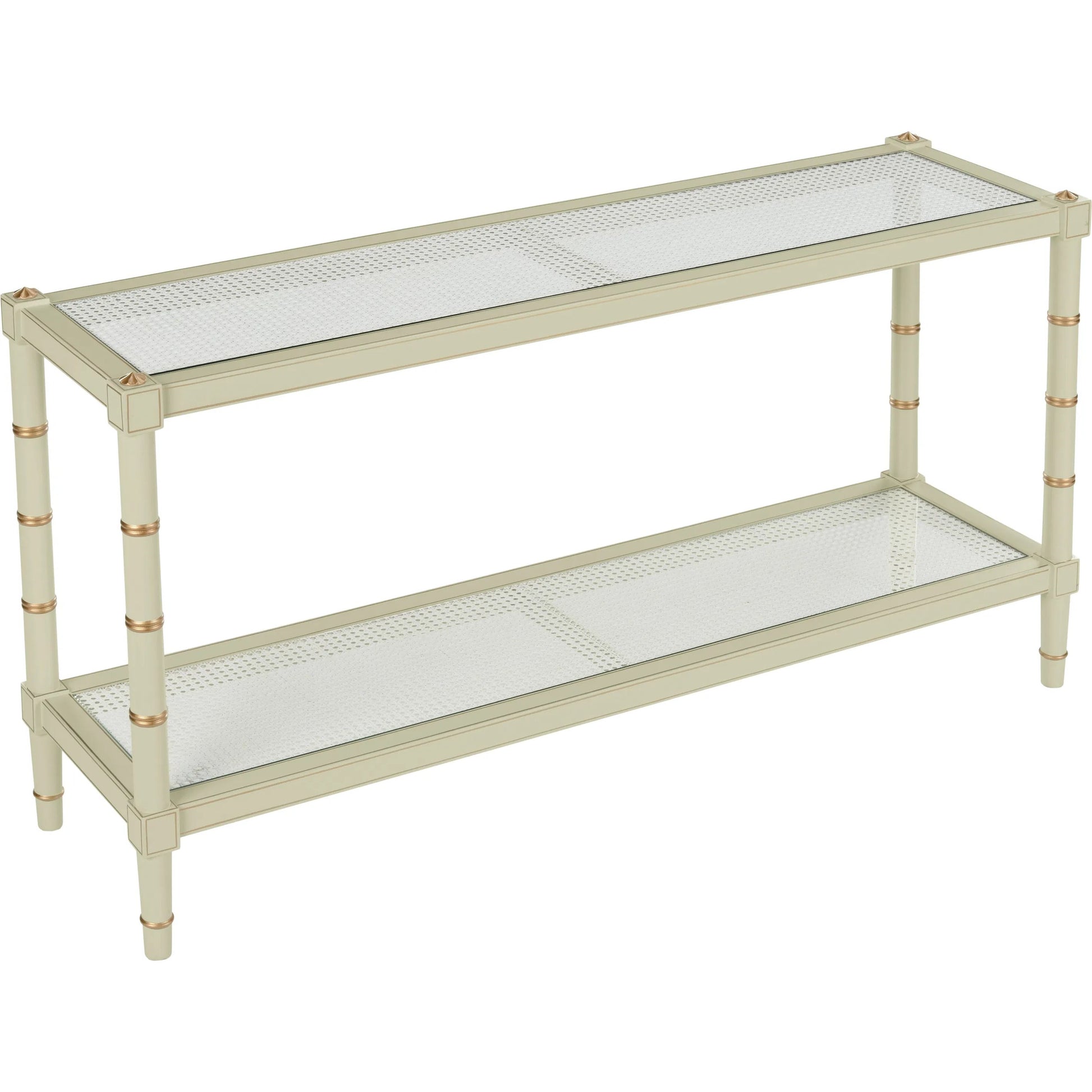 Conner Cane Console by Chelsea House. Made from poplar caned panels, glass top in a coastal style.