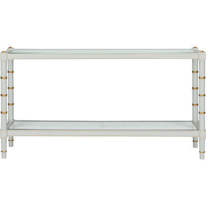 Conner Cane Console by Chelsea House. Made from poplar caned panels, glass top in a coastal style.