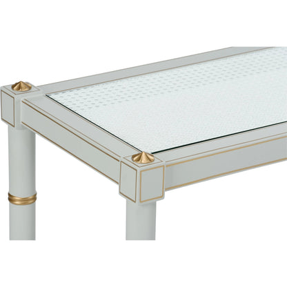 Conner Cane Console by Chelsea House. Made from poplar caned panels, glass top in a coastal style.