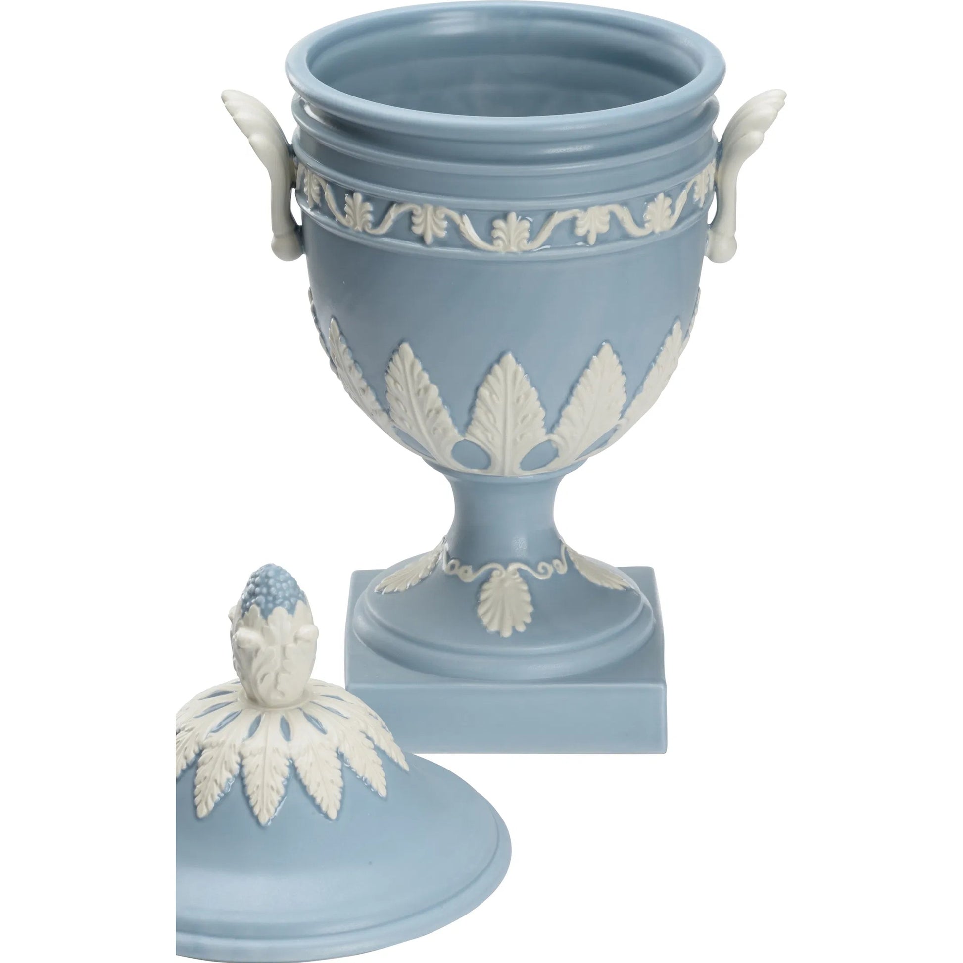 Wedgewood Urn by Chelsea House in light blue, ivory matte glaze. Made from unique in a traditional style.