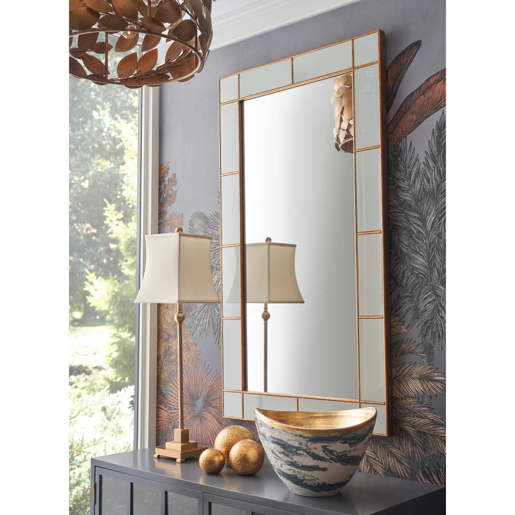 Herman Hesse Mirror by Chelsea House in gold leaf, gray, clear. Made from unique in a transitional style.