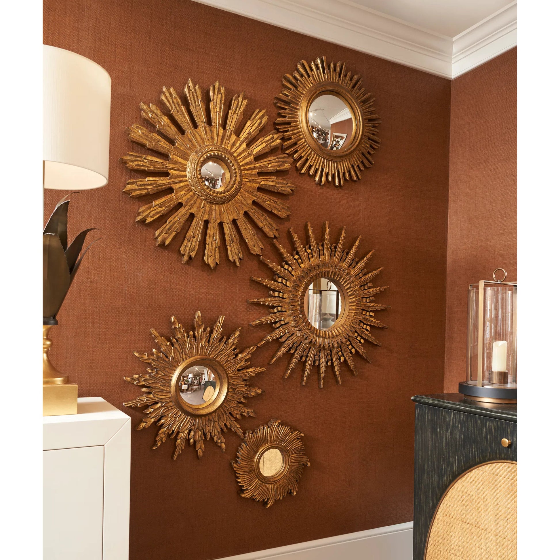 Aurora Mirror by Chelsea House in antique gold, convex, clear. Made from unique in a traditional style.