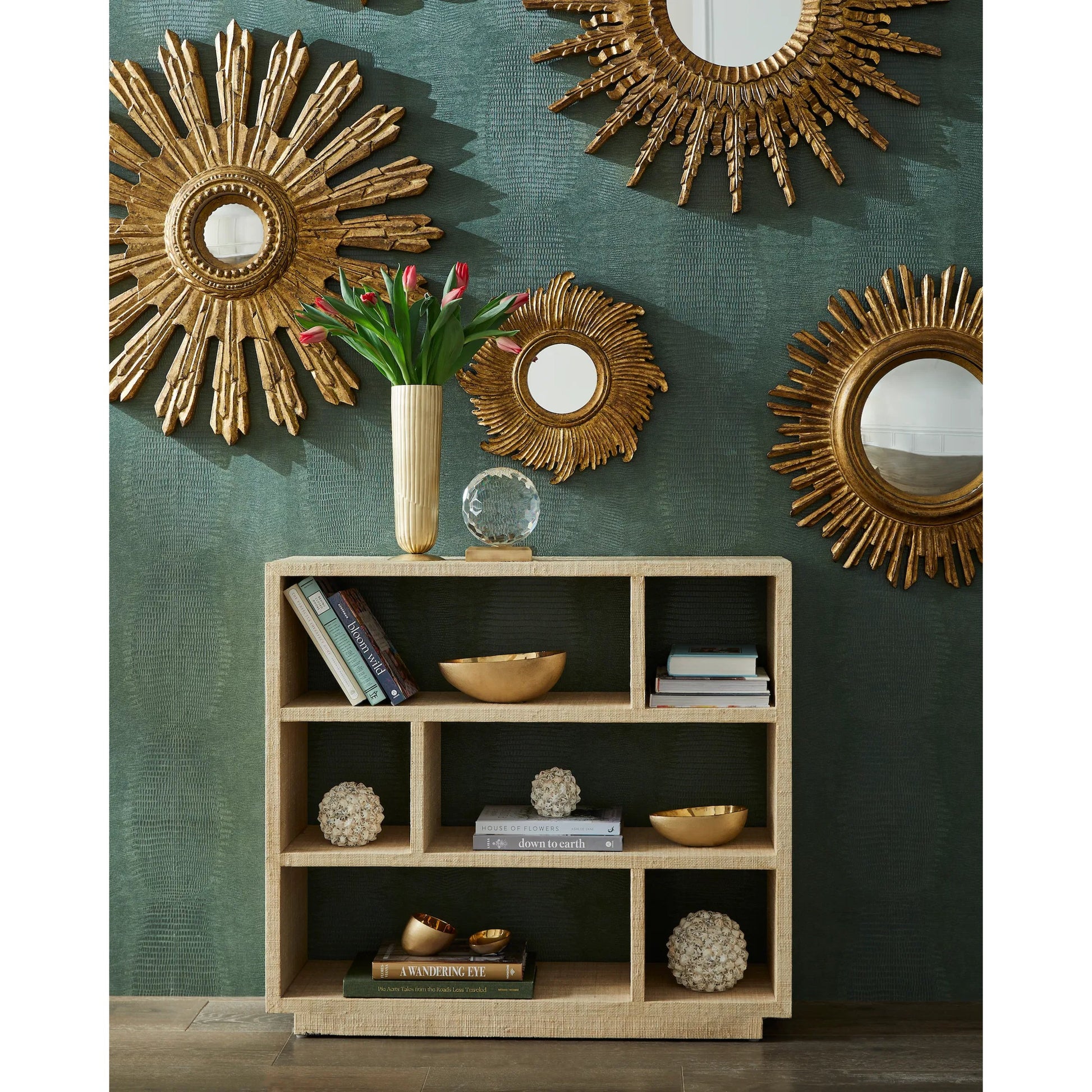 Aurora Mirror by Chelsea House in antique gold, convex, clear. Made from unique in a traditional style.