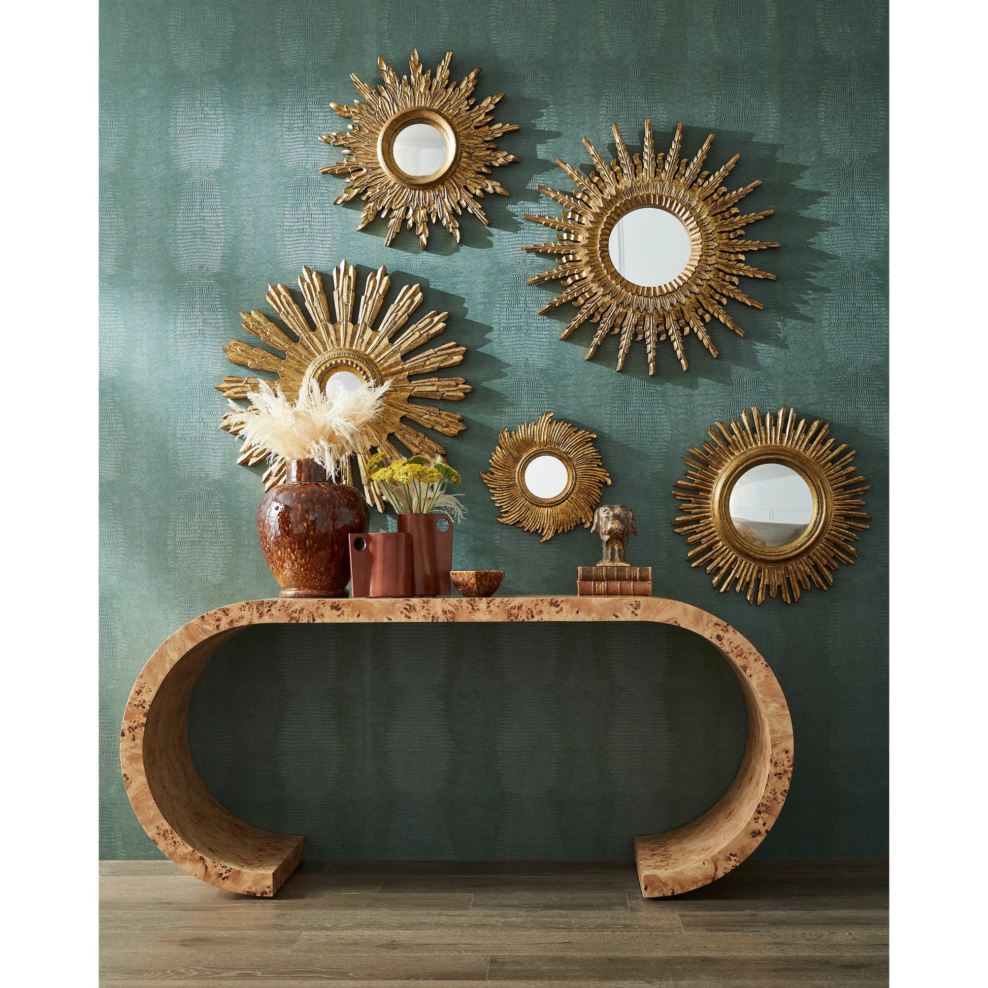 Aurora Mirror by Chelsea House in antique gold, convex, clear. Made from unique in a traditional style.