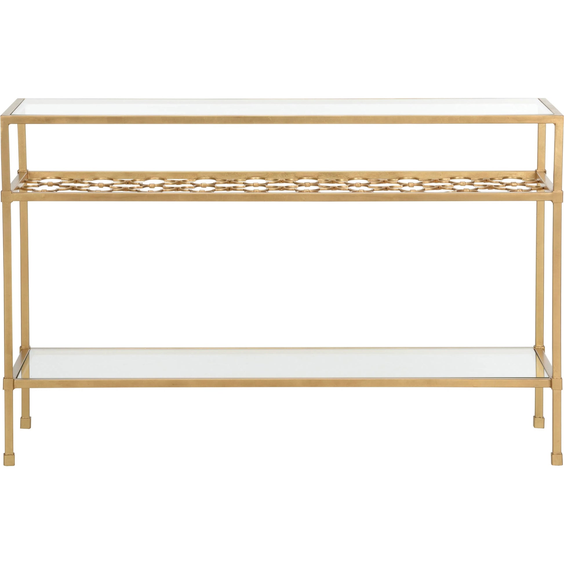 Pacific Coast Console Table by Chelsea House in antique gold leaf, clear. Made from unique in a modern style.