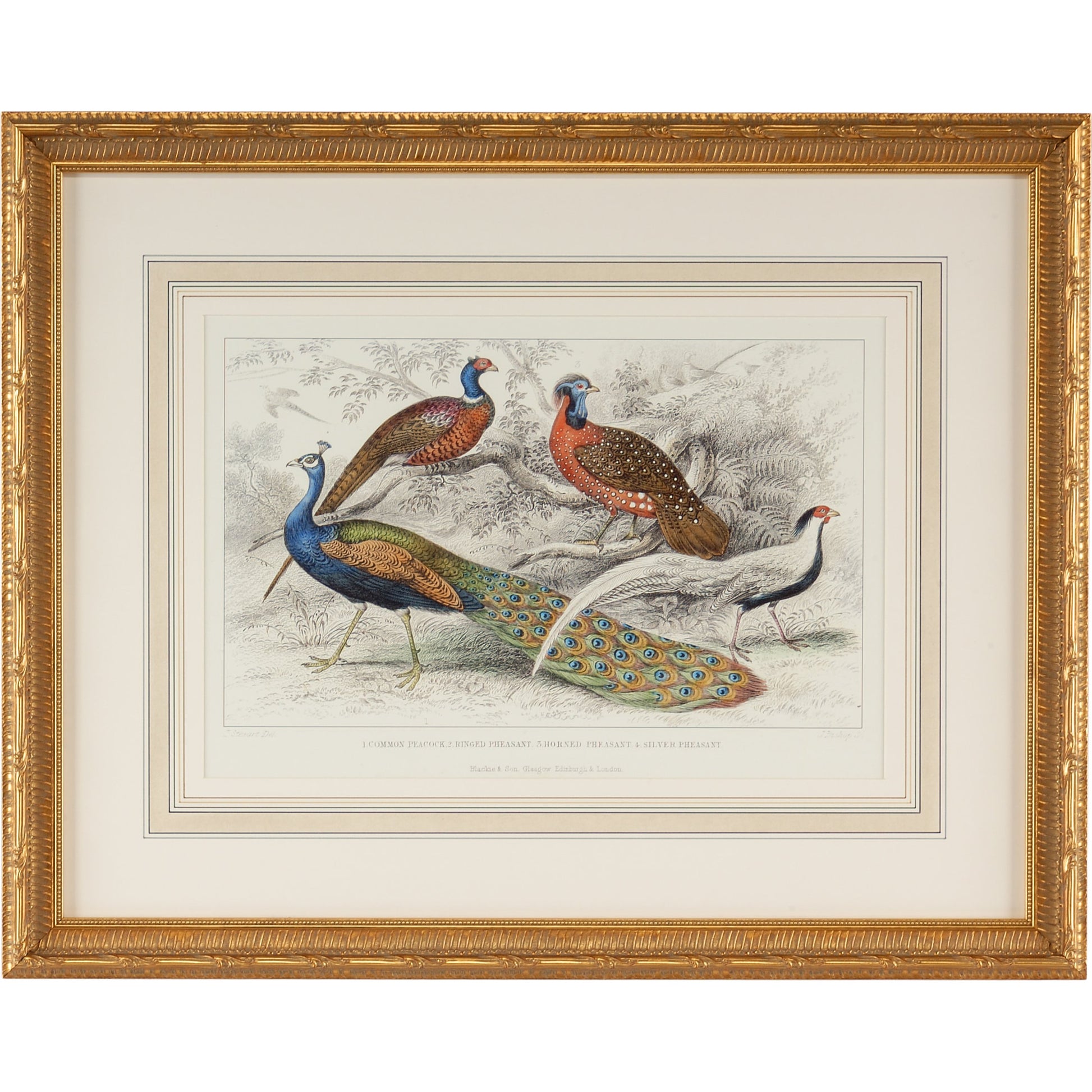 Peacock & Pheasants by Chelsea House in gold leaf. Made from print on wood frame in a rustic style.