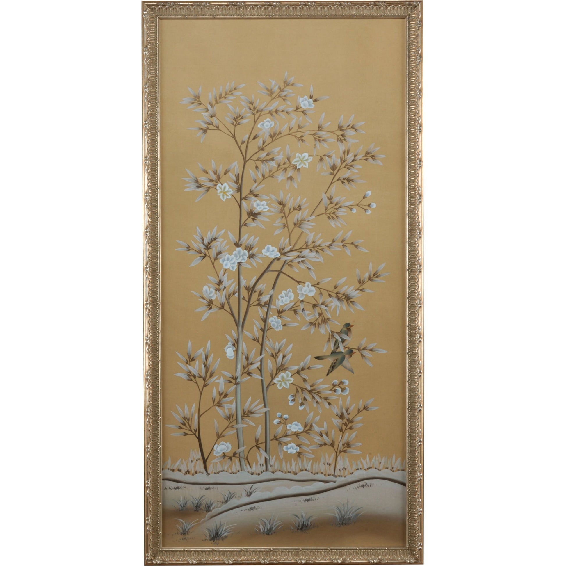 Uccelli Panel a by Chelsea House in antique silver frame. Made from water colors on silk in a eclectic & global style.