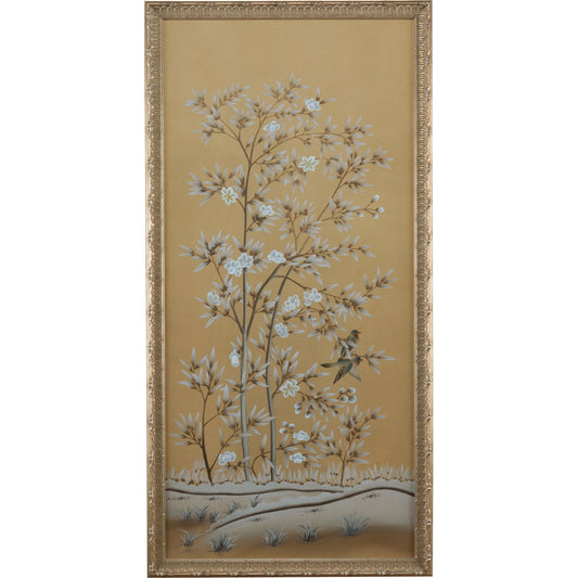 Uccelli Panel a by Chelsea House in antique silver frame. Made from water colors on silk in a eclectic & global style.
