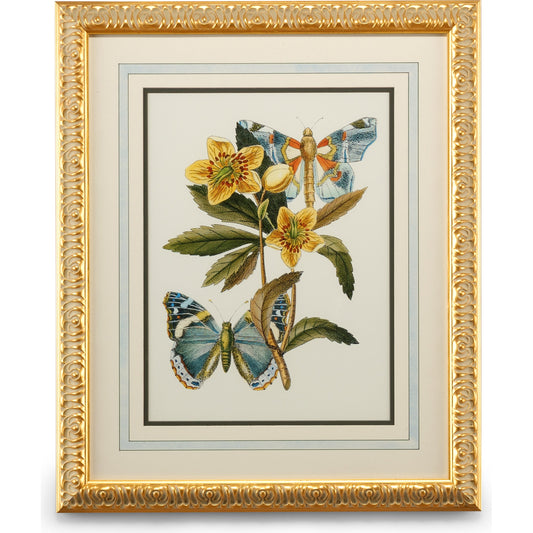 Butterfly Oasis III by Chelsea House in gold leafed frame with french mat. Made from plate lithograph in a traditional style.